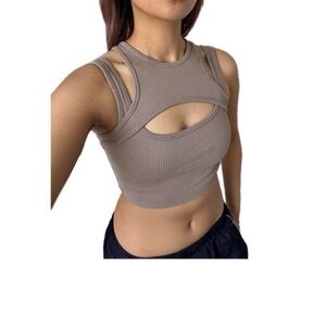 Tan Ribbed Cyber Cut Crop Top